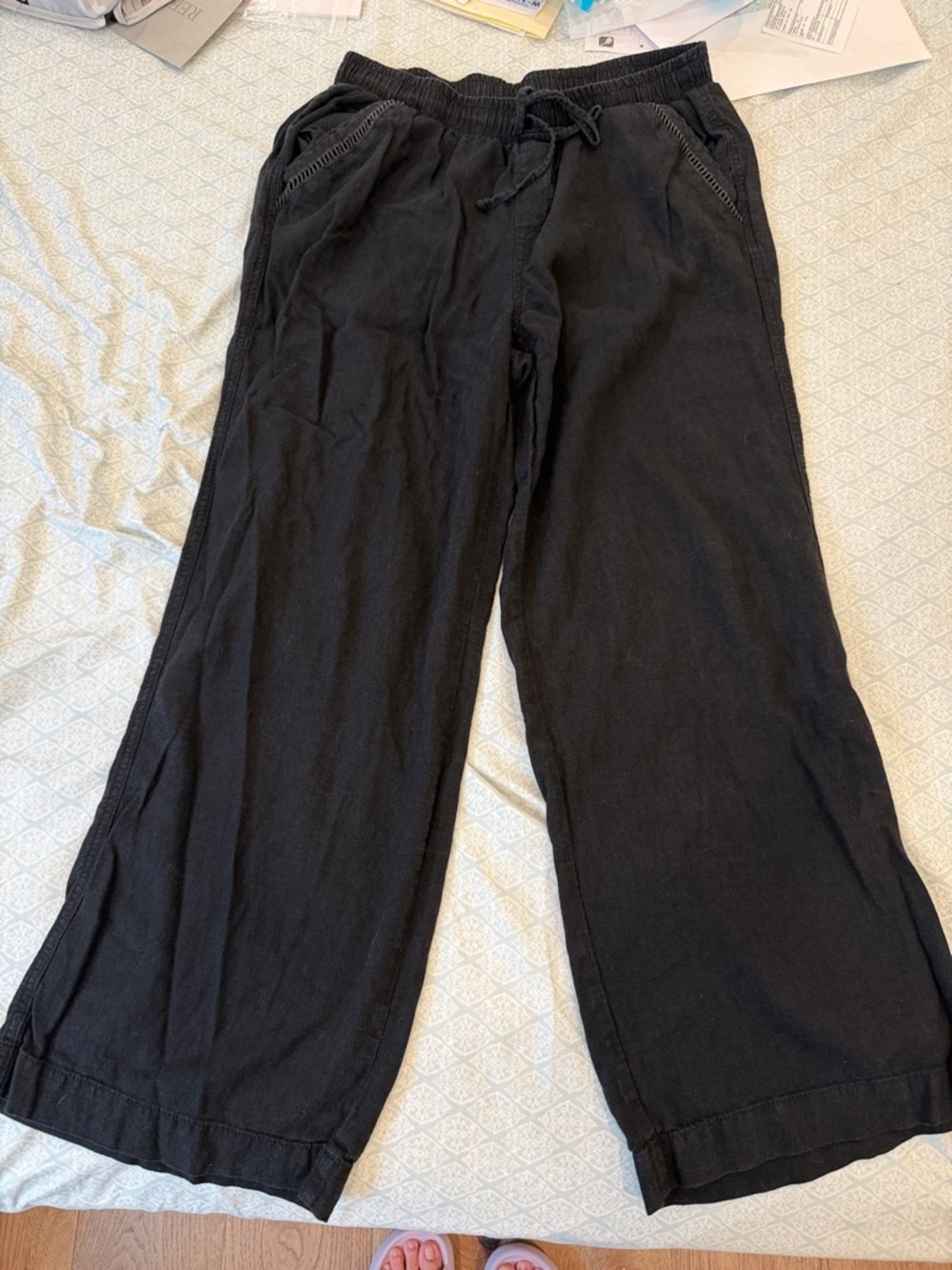 Briggs Black Linen Blend Wide Leg Drawstring Pants Size Large